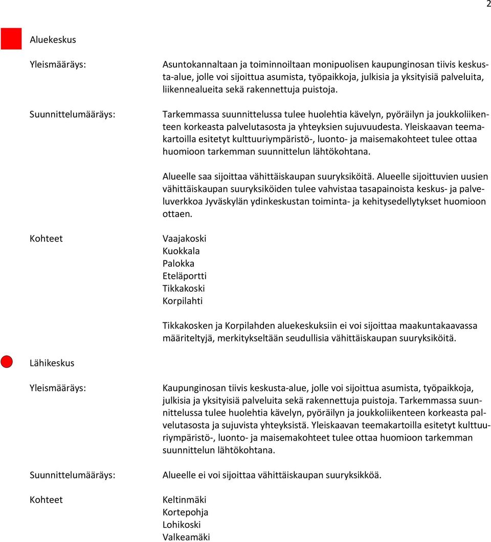 Yleiskaavan teemakartoilla esitetyt kulttuuriympäristö, luonto ja maisemakohteet tulee ottaa huomioon tarkemman suunnittelun lähtökohtana. Alueelle saa sijoittaa vähittäiskaupan suuryksiköitä.
