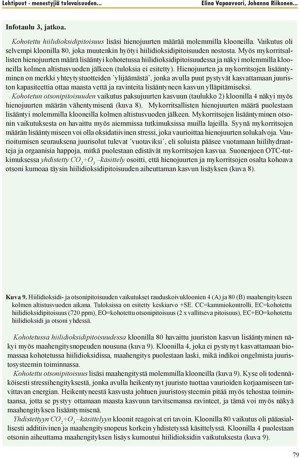 Myös mykorritsallisten hienojuurten määrä lisääntyi kohotetussa hiilidioksidipitoisuudessa ja näkyi molemmilla klooneilla kolmen altistusvuoden jälkeen (tuloksia ei esitetty).