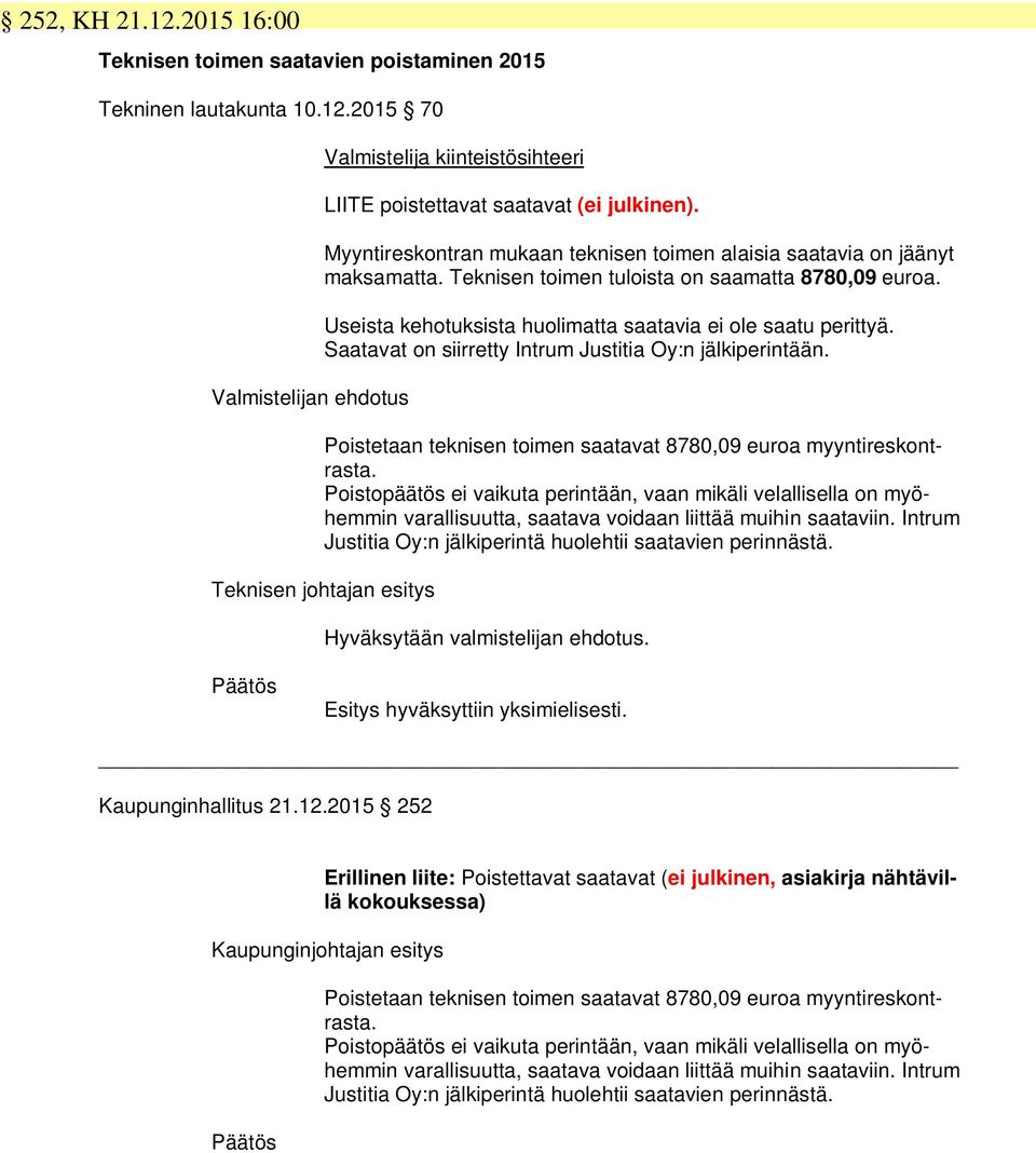 Saatavat on siirretty Intrum Justitia Oy:n jälkiperintään. Poistetaan teknisen toimen saatavat 8780,09 euroa myyntireskontrasta.