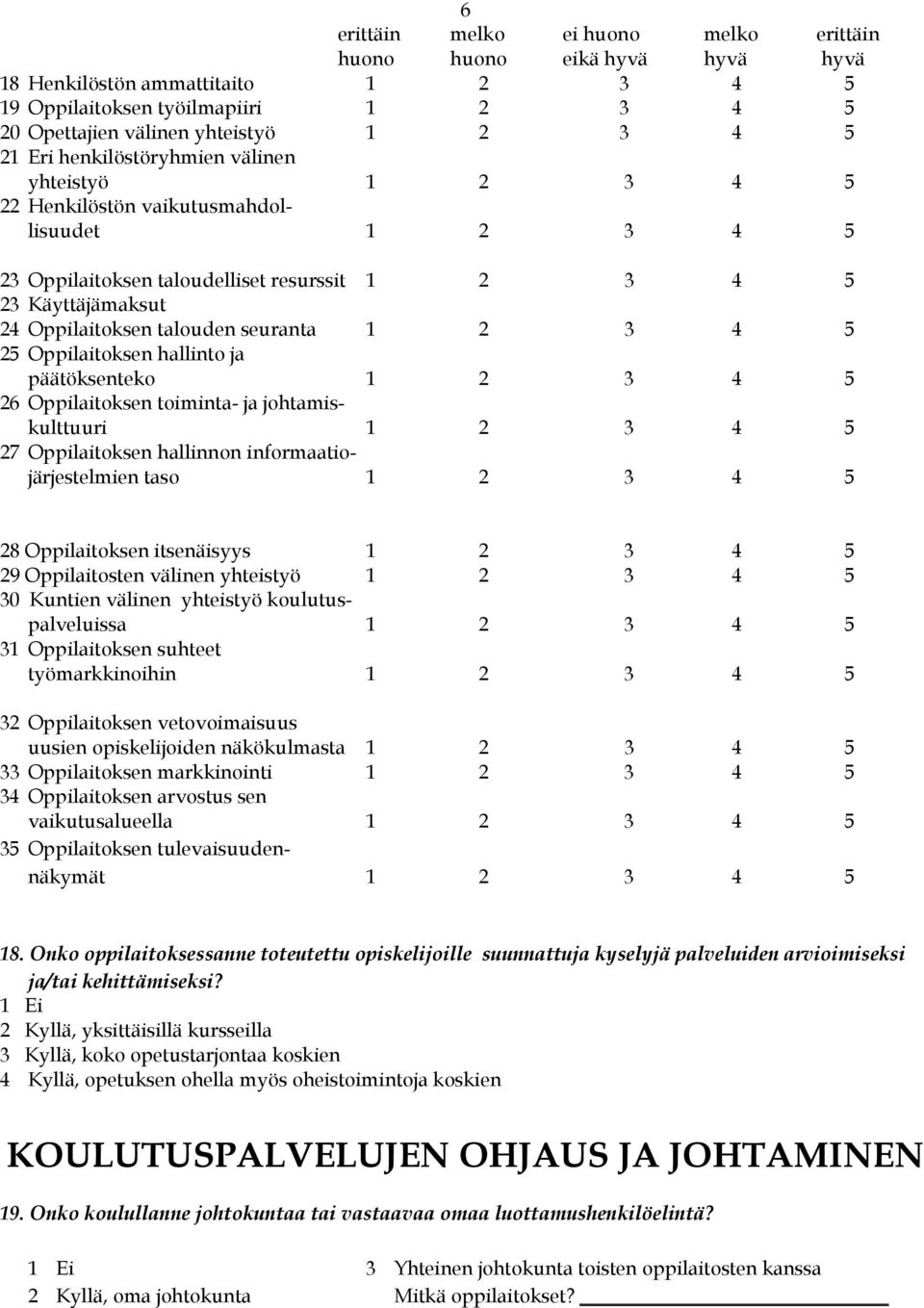 2 3 4 5 25 Oppilaitoksen hallinto ja päätöksenteko 1 2 3 4 5 26 Oppilaitoksen toiminta- ja johtamiskulttuuri 1 2 3 4 5 27 Oppilaitoksen hallinnon informaatiojärjestelmien taso 1 2 3 4 5 28