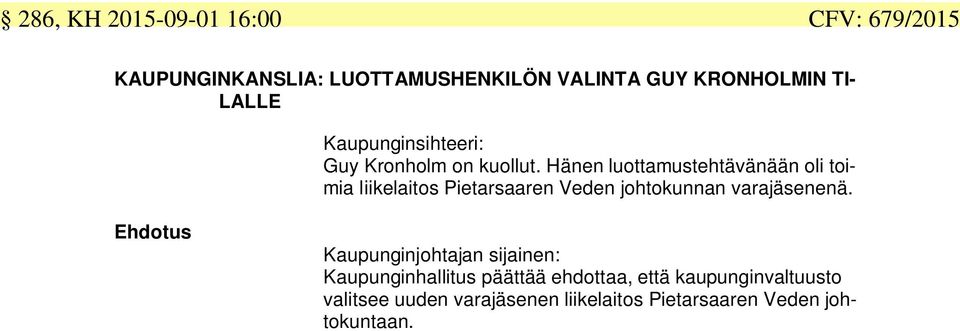 Hänen luottamustehtävänään oli toimia liikelaitos Pietarsaaren Veden johtokunnan varajäsenenä.