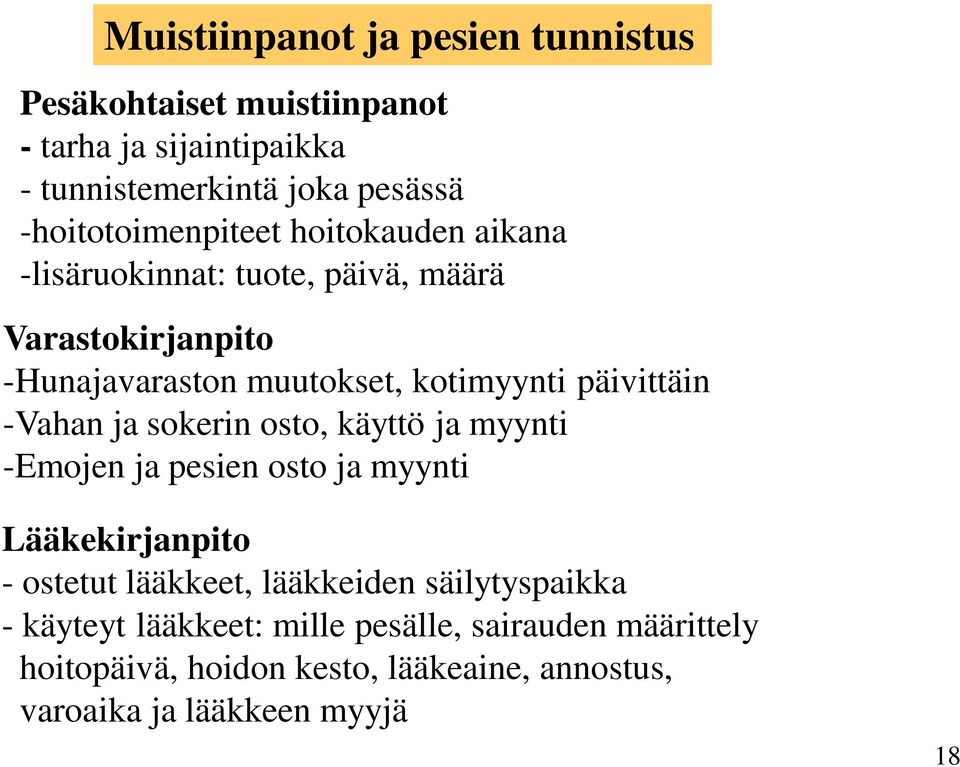 päivittäin -Vahan ja sokerin osto, käyttö ja myynti -Emojen ja pesien osto ja myynti Lääkekirjanpito - ostetut lääkkeet, lääkkeiden