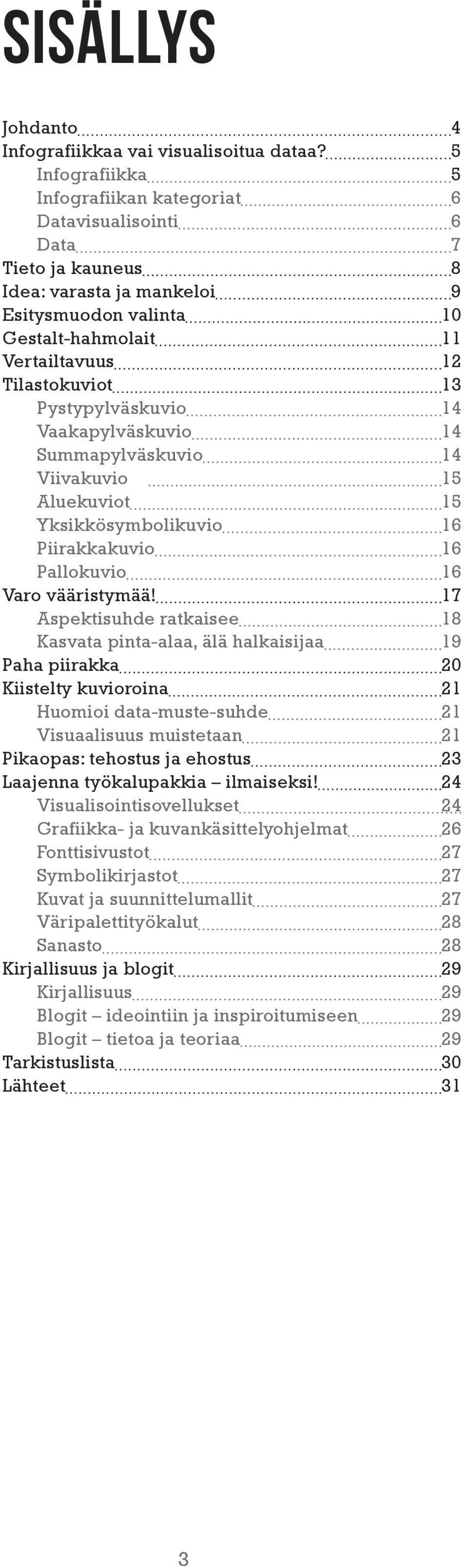 Pystypylväskuvio 14 Vaakapylväskuvio 14 Summapylväskuvio 14 Viivakuvio 15 Aluekuviot 15 Yksikkösymbolikuvio 16 Piirakkakuvio 16 Pallokuvio 16 Varo vääristymää!