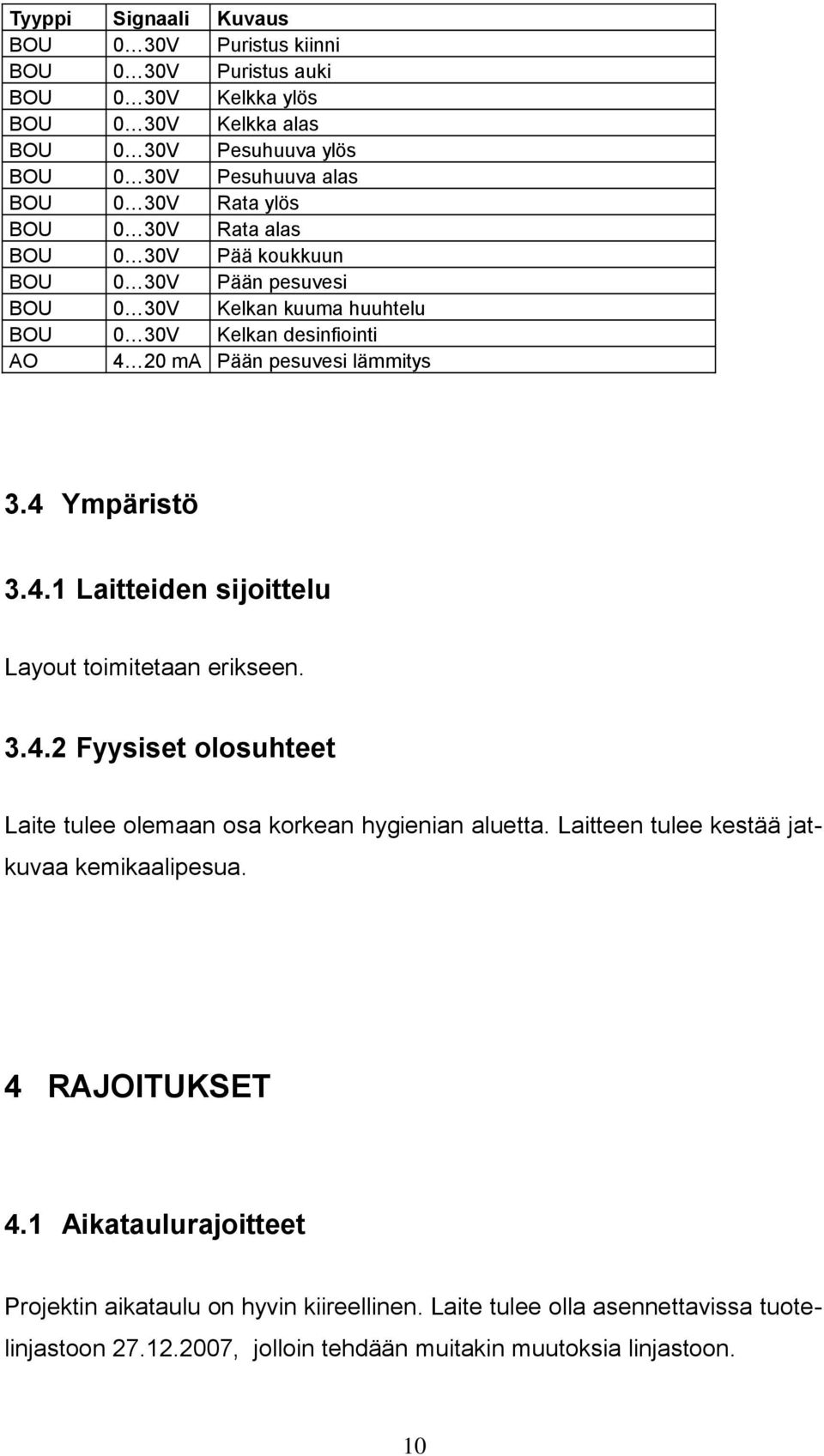 4.1 Laitteiden sijoittelu Layout toimitetaan erikseen. 3.4.2 Fyysiset olosuhteet Laite tulee olemaan osa korkean hygienian aluetta. Laitteen tulee kestää jatkuvaa kemikaalipesua.