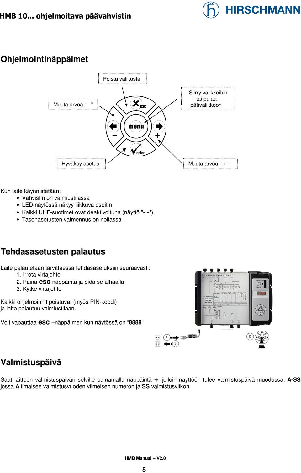 Irrota virtajohto 2. Paina escnäppäintä ja pidä se alhaalla 3. Kytke virtajohto Kaikki ohjelmoinnit poistuvat (myös PINkoodi) ja laite palautuu valmiustilaan.