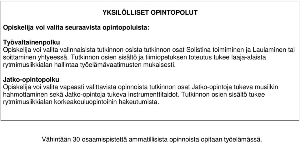 Tutkinnon osien sisältö ja tiimiopetuksen toteutus tukee laaja-alaista rytmimusiikkialan a työelämävaatimusten mukaisesti.