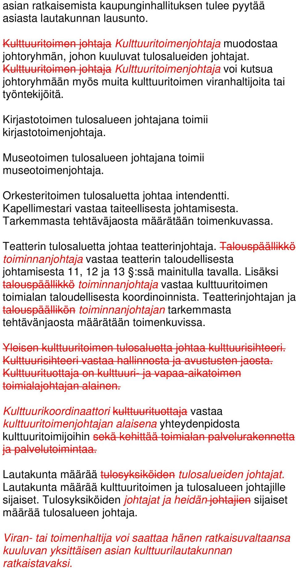 Museotoimen tulosalueen johtajana toimii museotoimenjohtaja. Orkesteritoimen tulosaluetta johtaa intendentti. Kapellimestari vastaa taiteellisesta johtamisesta.