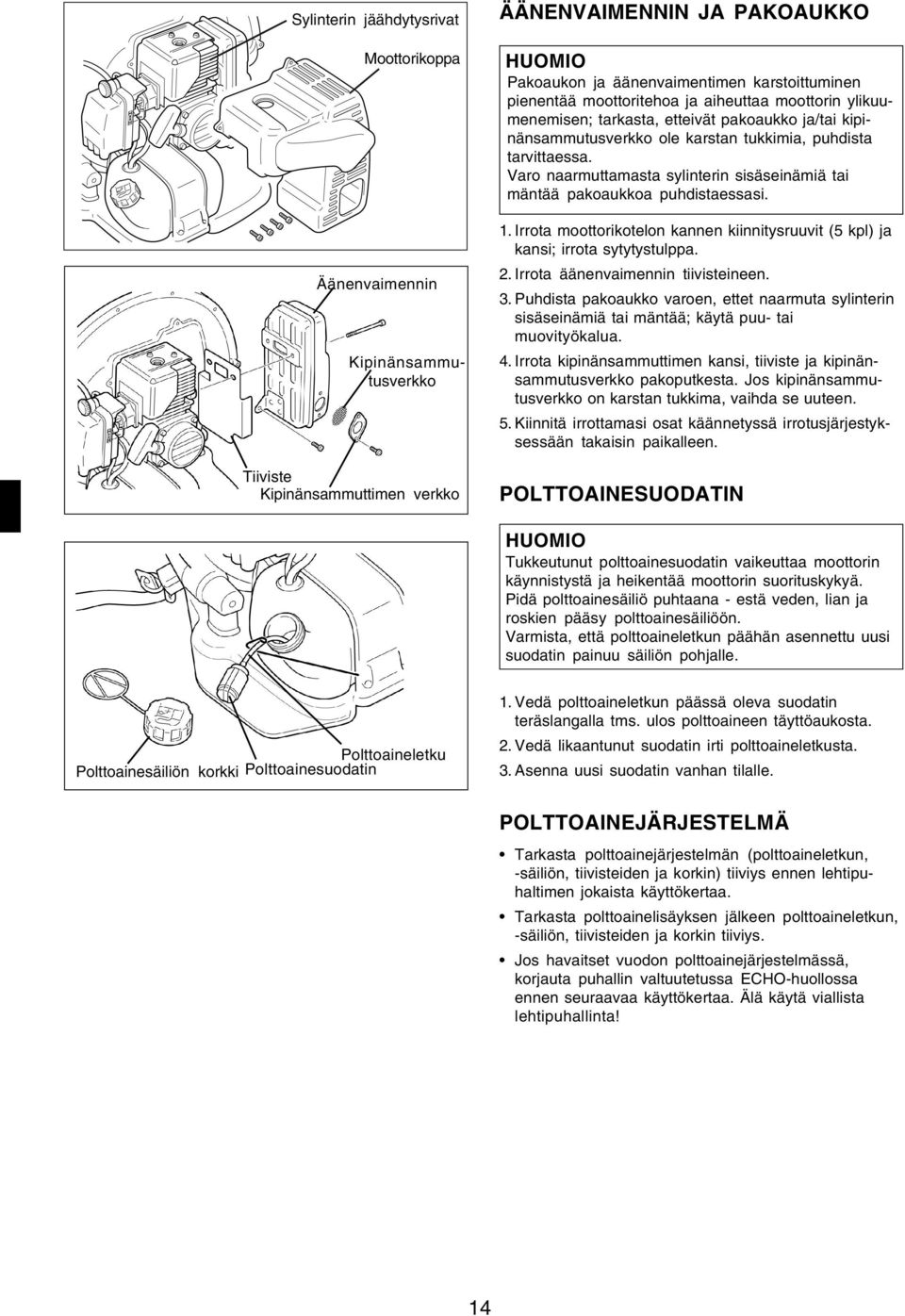 Varo naarmuttamasta sylinterin sisäseinämiä tai mäntää pakoaukkoa puhdistaessasi. 1. Irrota moottorikotelon kannen kiinnitysruuvit (5 kpl) ja kansi; irrota sytytystulppa. 2.