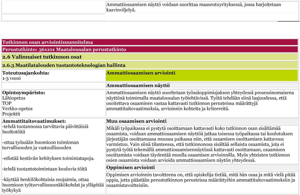 tuotannossa tarvittavia päivittäisiä huoltotöitä -ottaa työssään huomioon toiminnan turvallisuuden ja vastuullisuuden -edistää kestävän kehityksen toimintatapoja.