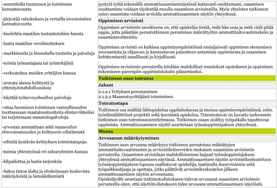 työterveyshuollon palveluja -ottaa huomioon toiminnan vastuullisuuden tuottaessaan maataloustuotteita elintarvikkeiksi tai tarjotessaan maaseutupalveluja -arvostaa ammattiaan sekä maaseudun