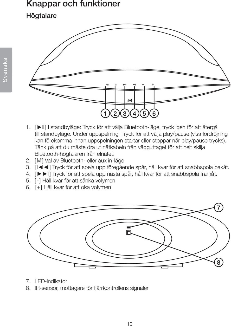 Tänk på att du måste dra ut nätkabeln från vägguttaget för att helt skilja Bluetooth-högtalaren från elnätet. 2. [ M ] Val av Bluetooth- eller aux in-läge 3.