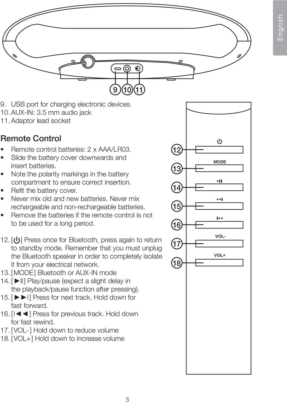 Never mix rechargeable and non-rechargeable batteries. Remove the batteries if the remote control is not to be used for a long period. 12.