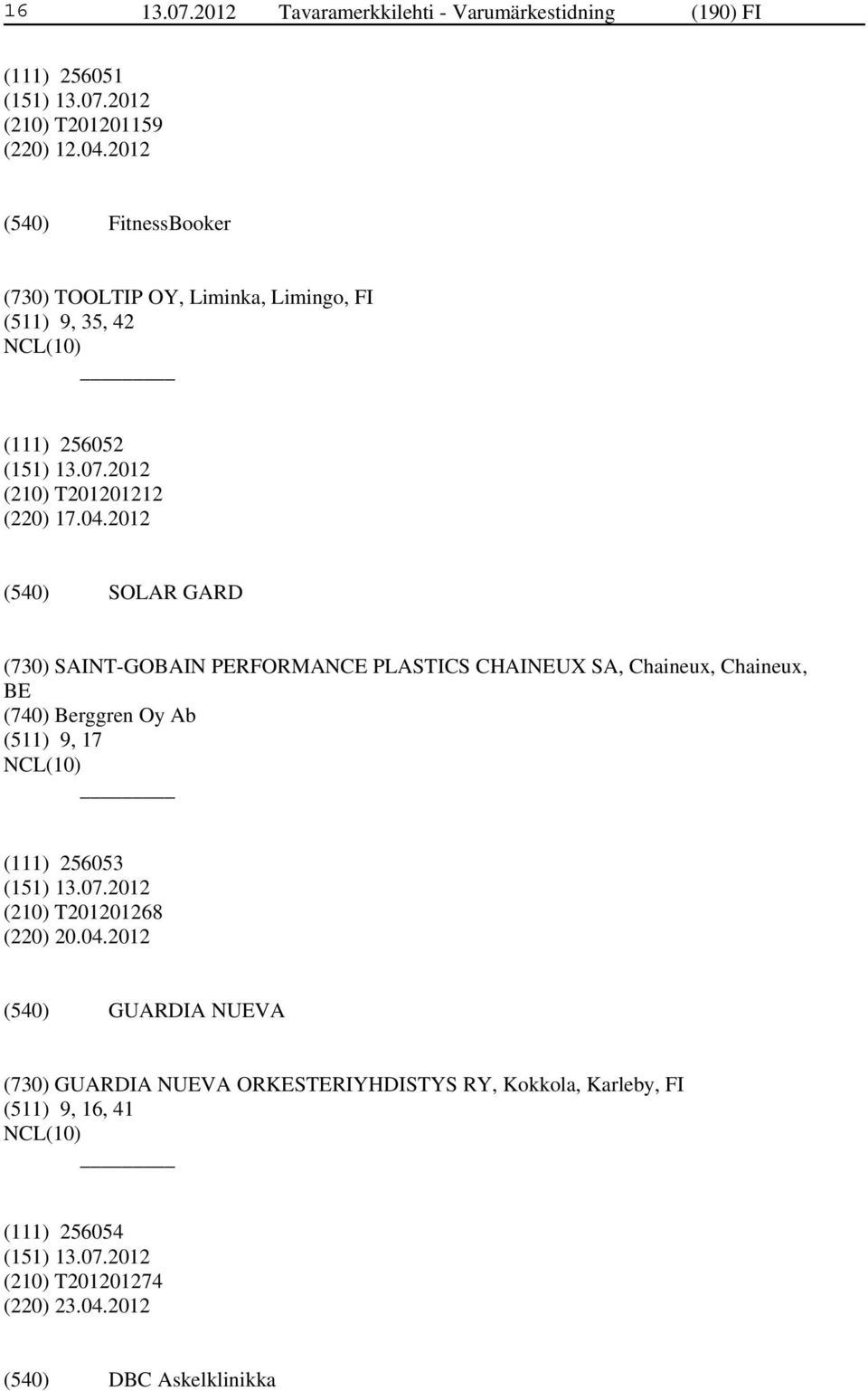 2012 SOLAR GARD (730) SAINT-GOBAIN PERFORMANCE PLASTICS CHAINEUX SA, Chaineux, Chaineux, BE (740) Berggren Oy Ab (511) 9, 17 (111)