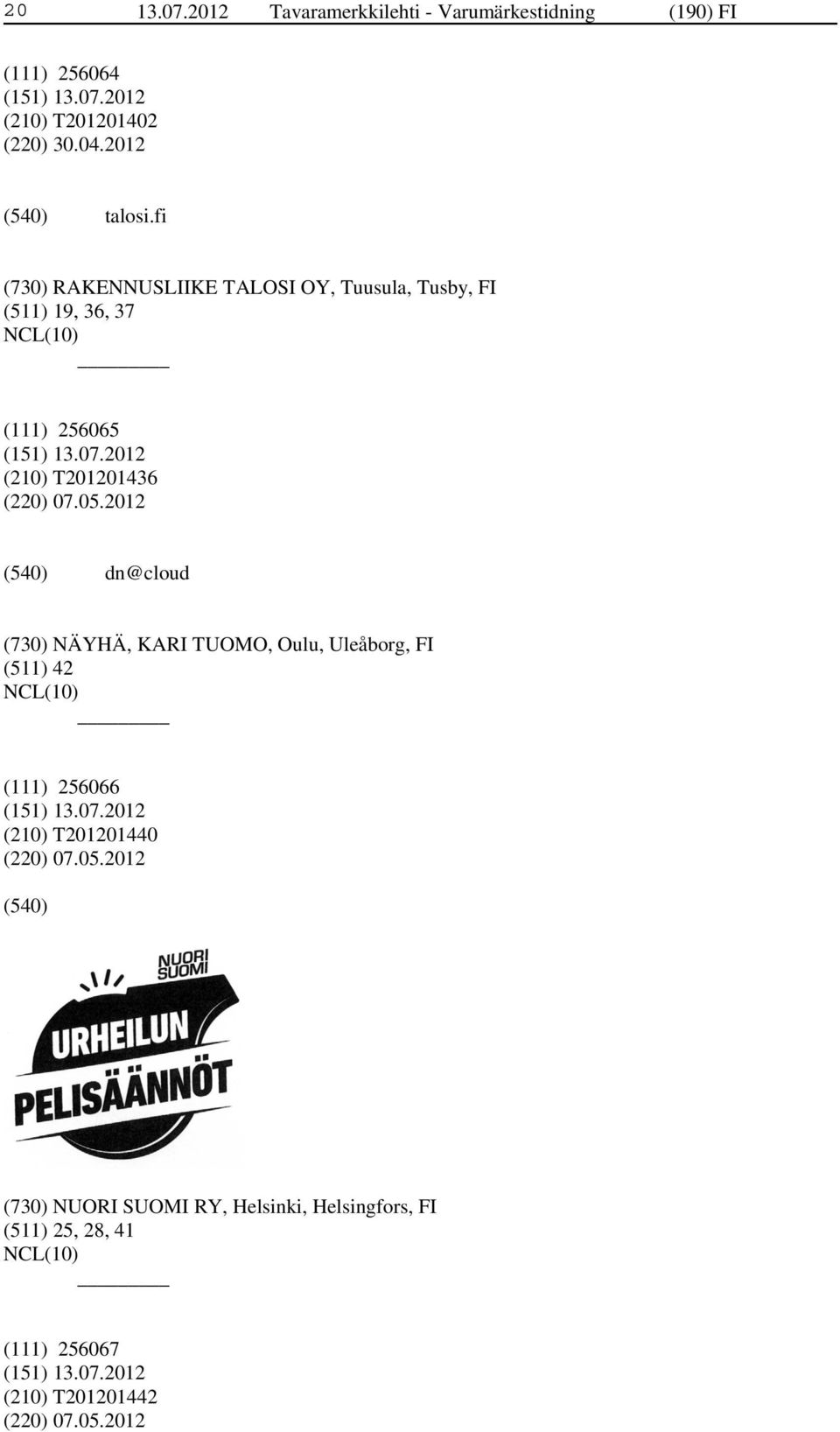 fi (730) RAKENNUSLIIKE TALOSI OY, Tuusula, Tusby, FI (511) 19, 36, 37 (111) 256065 (210) T201201436 (220) 07.05.