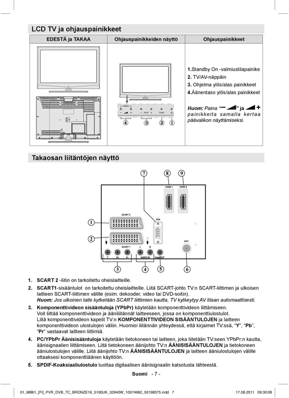 Liitä SCART-johto TV:n SCART-liittimen ja ulkoisen laitteen SCART-liittimen välille (esim. dekooder, video tai DVD-soitin).