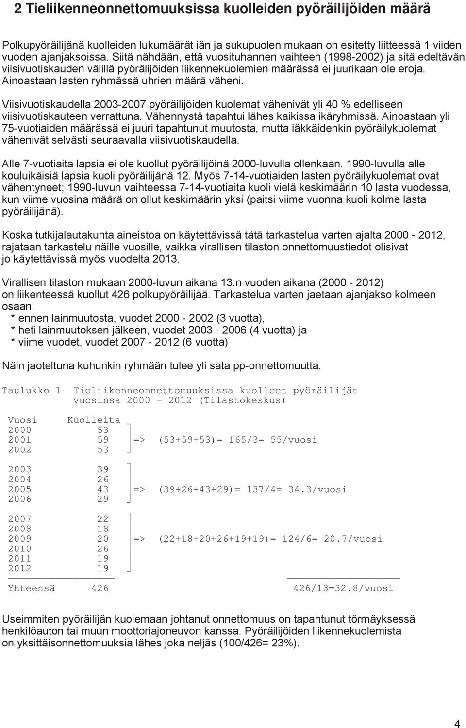 Ainoastaan lasten ryhmässä uhrien määrä väheni. Viisivuotiskaudella 2003-2007 pyöräilijöiden kuolemat vähenivät yli 40 % edelliseen viisivuotiskauteen verrattuna.