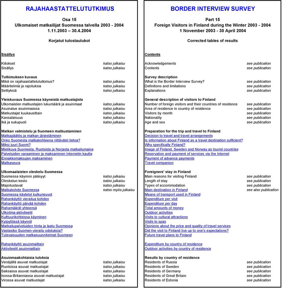 2004 Korjatut tulostaulukot BORDER INTERVIEW SURVEY Part 15 Foreign Visitors in Finland during the Winter 2003-2004 1 November 2003-30 April 2004 Corrected tables of results Sisällys Contents