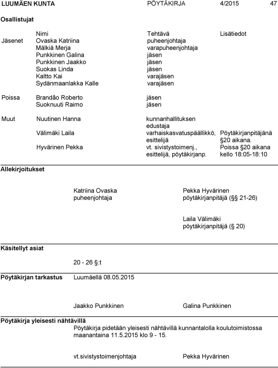 esittelijä Hyvärinen Pekka vt. sivistystoimenj., esittelijä, pöytäkirjanp. Pöytäkirjanpitäjänä 20 aikana.