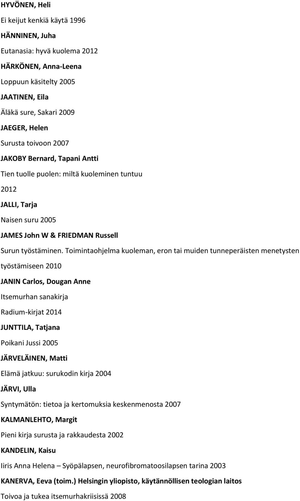 Toimintaohjelma kuoleman, eron tai muiden tunneperäisten menetysten työstämiseen 2010 JANIN Carlos, Dougan Anne Itsemurhan sanakirja Radium-kirjat 2014 JUNTTILA, Tatjana Poikani Jussi 2005