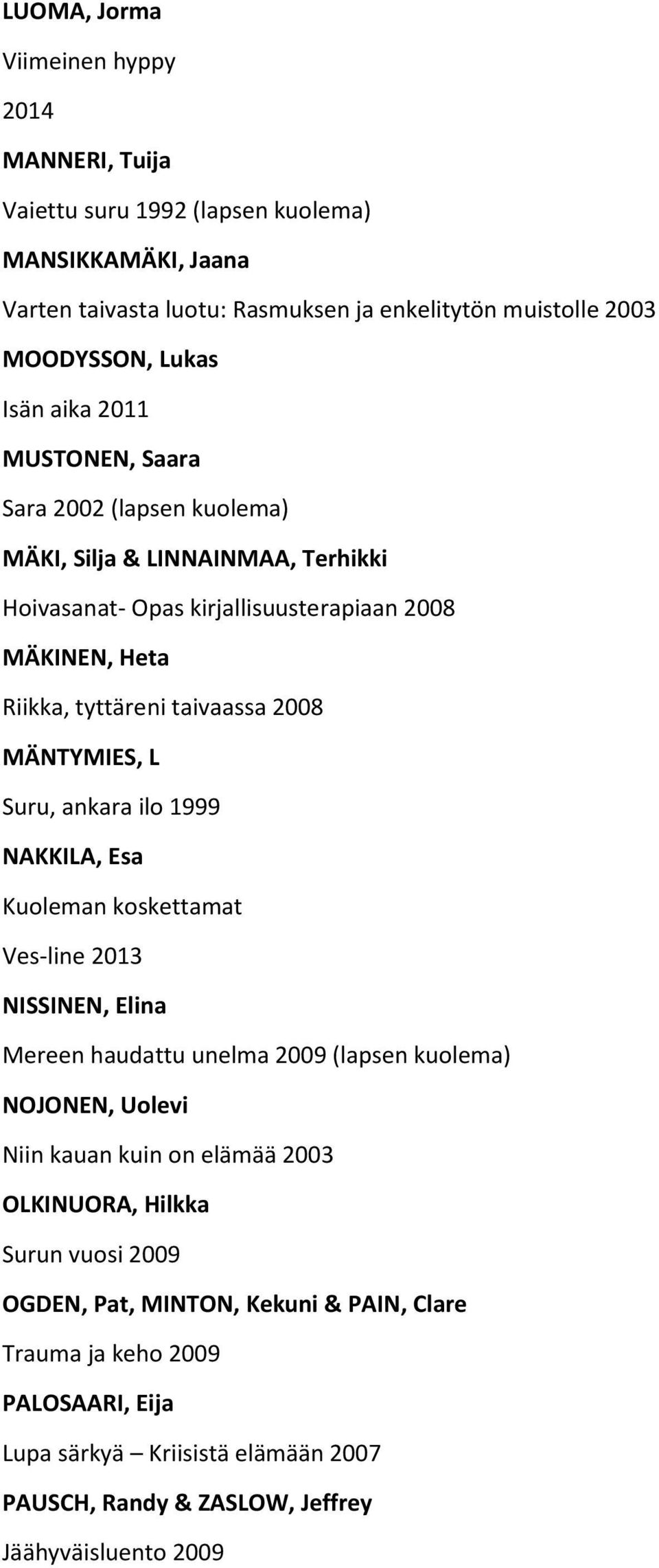 L Suru, ankara ilo 1999 NAKKILA, Esa Kuoleman koskettamat Ves-line 2013 NISSINEN, Elina Mereen haudattu unelma 2009 (lapsen kuolema) NOJONEN, Uolevi Niin kauan kuin on elämää 2003