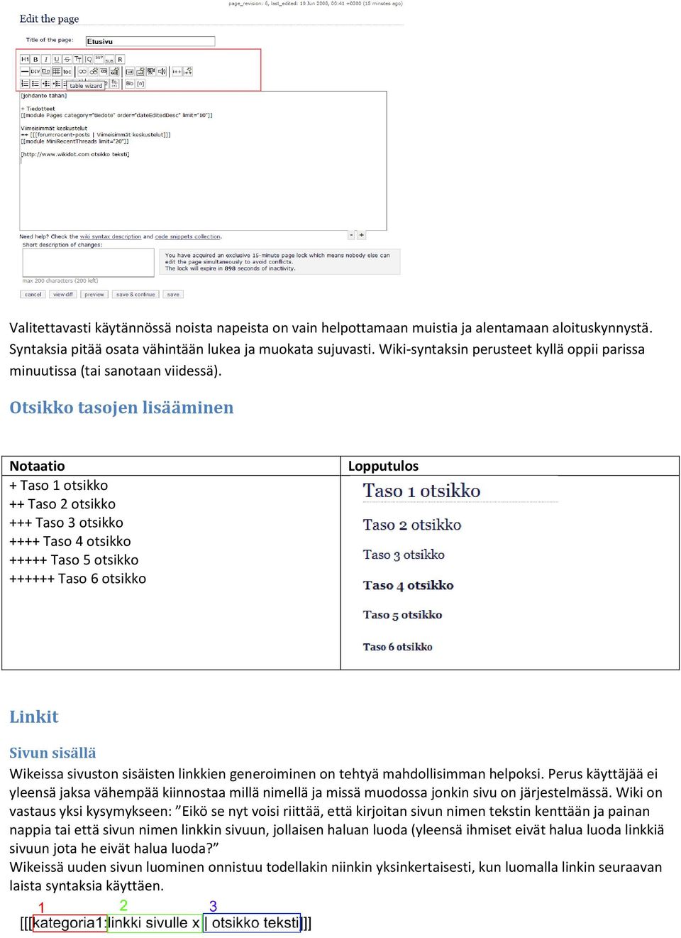 Otsikko tasojen lisääminen Notaatio + Taso 1 otsikko ++ Taso 2 otsikko +++ Taso 3 otsikko ++++ Taso 4 otsikko +++++ Taso 5 otsikko ++++++ Taso 6 otsikko Lopputulos Linkit Sivun sisällä Wikeissa