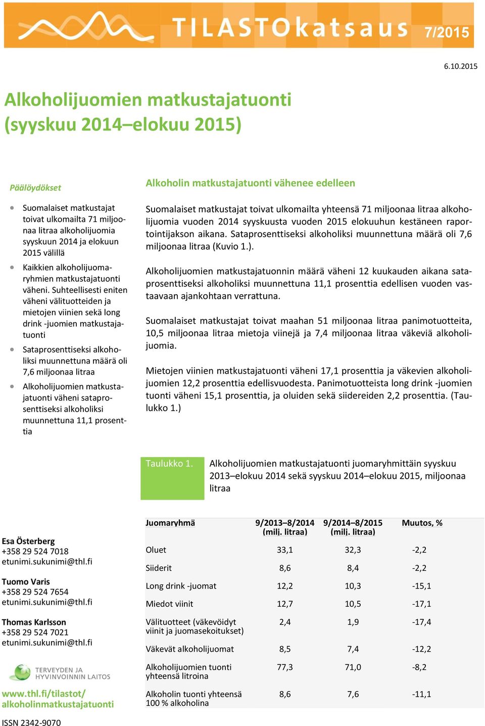 Kaikkien alkoholijuomaryhmien matkustajatuonti väheni.