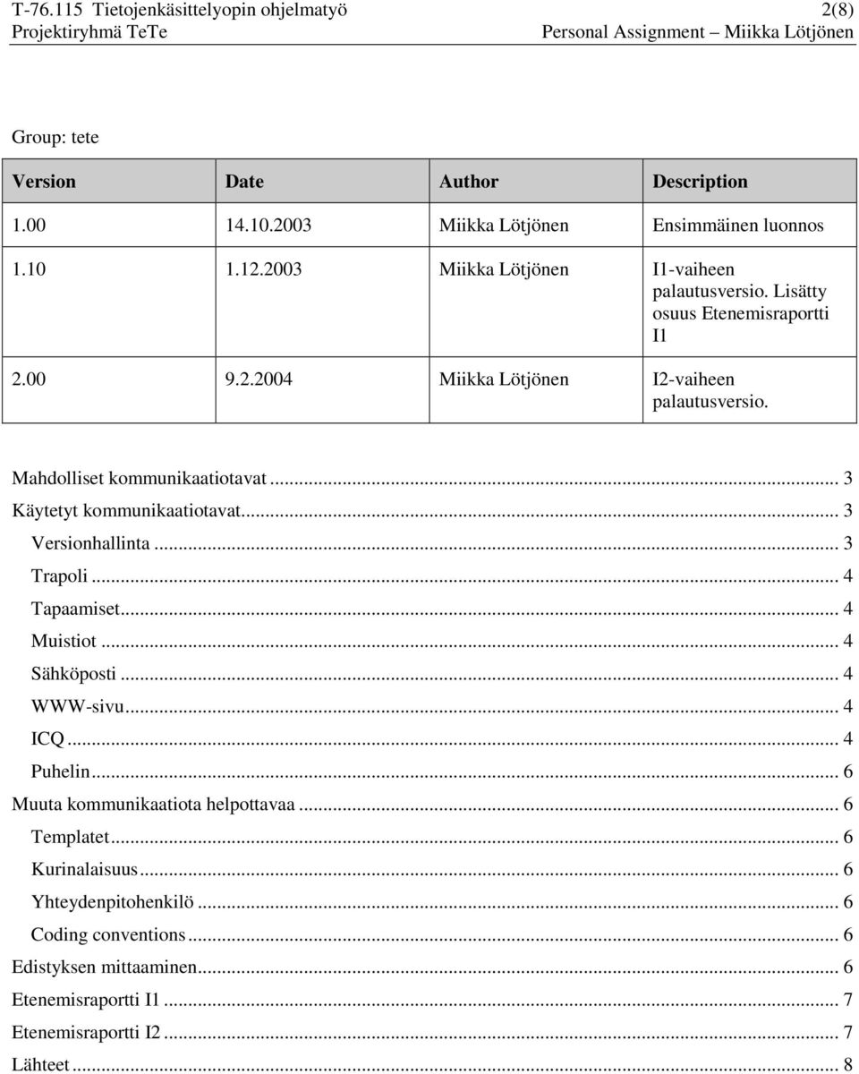 .. 3 Käytetyt kommunikaatiotavat... 3 Versionhallinta... 3 Trapoli... 4 Tapaamiset... 4 Muistiot... 4 Sähköposti... 4 WWW-sivu... 4 ICQ... 4 Puhelin.