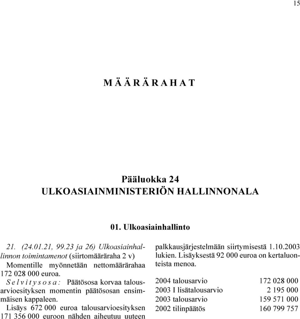 Lisäys 672 000 euroa talousarvioesityksen 171 356 000 euroon nähden aiheutuu uuteen palkkausjärjestelmään siirtymisestä 1.10.