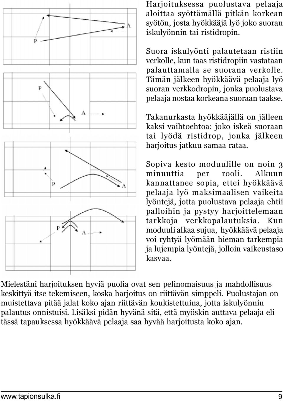 Tämän jälkeen hyökkäävä pelaaja lyö suoran verkkodropin, jonka puolustava pelaaja nostaa korkeana suoraan taakse.