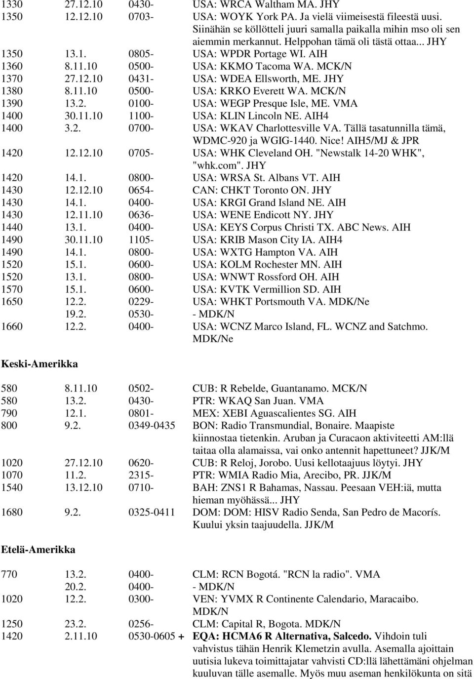 10 0500- USA: KKMO Tacoma WA. MCK/N 1370 27.12.10 0431- USA: WDEA Ellsworth, ME. JHY 1380 8.11.10 0500- USA: KRKO Everett WA. MCK/N 1390 13.2. 0100- USA: WEGP Presque Isle, ME. VMA 1400 30.11.10 1100- USA: KLIN Lincoln NE.
