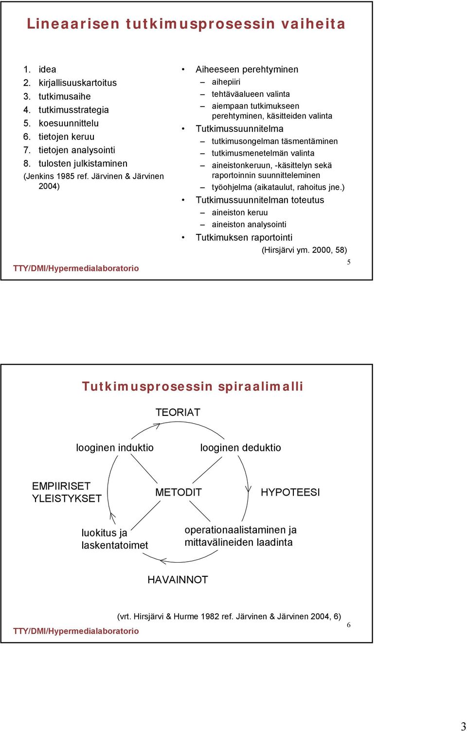 Järvinen & Järvinen 2004) Aiheeseen perehtyminen aihepiiri tehtäväalueen valinta aiempaan tutkimukseen perehtyminen, käsitteiden valinta Tutkimussuunnitelma tutkimusongelman täsmentäminen