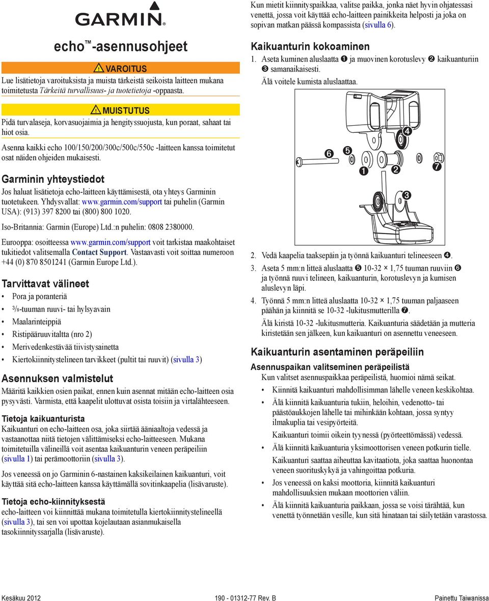 muistutus Pidä turvalaseja, korvasuojaimia ja hengityssuojusta, kun poraat, sahaat tai hiot osia. Asenna kaikki echo 100/150/200/ -laitteen kanssa toimitetut osat näiden ohjeiden mukaisesti.