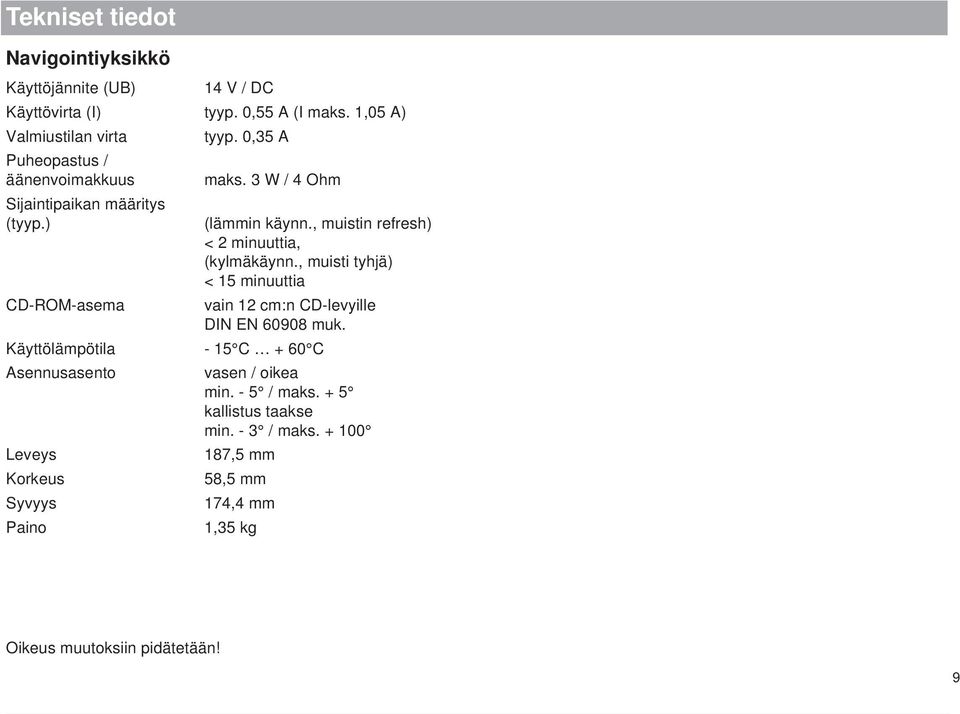 , muisti tyhjä) < 15 minuuttia vain 12 cm:n CD-levyille DIN EN 60908 muk. Käyttölämpötila - 15 C + 60 C Asennusasento vasen / oikea min. - 5 / maks.