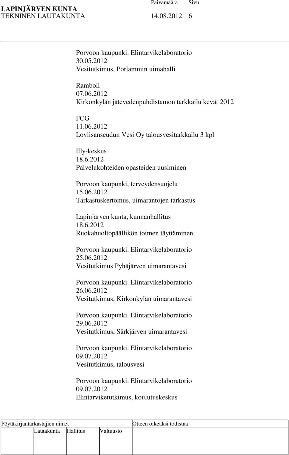 6.2012 Ruokahuoltopäällikön toimen täyttäminen 25.06.2012 Vesitutkimus Pyhäjärven uimarantavesi 26.06.2012 Vesitutkimus, Kirkonkylän uimarantavesi 29.06.2012 Vesitutkimus, Särkjärven uimarantavesi 09.