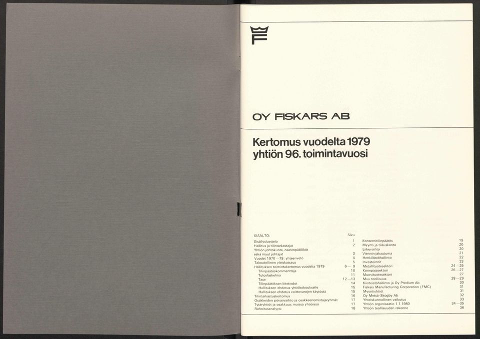 yleiskatsaus 5 H allituksen toim intake rto m us vuodelta 1979 6 9 T ilinpäätöskom m entte 10 Tuloslaskelm a 11 Tase 1 2 13 T ilinpäätöksen liite tie d o t 14 H allituksen ehdotus yhtiö koko ukse lle