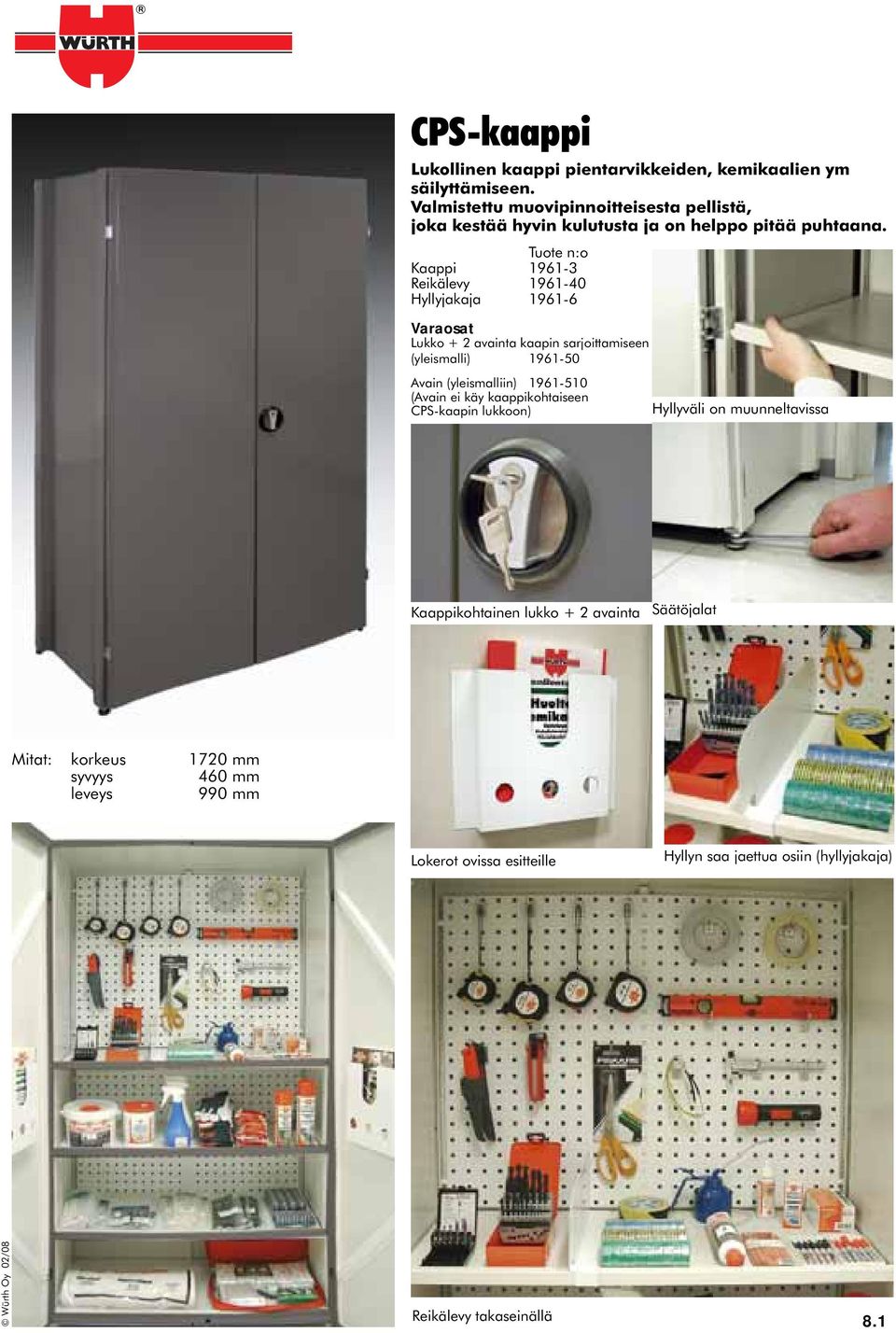 Tuote n:o Kaappi 1961-3 Reikälevy 1961-40 Hyllyjakaja 1961-6 Varaosat Lukko + 2 avainta kaapin sarjoittamiseen (yleismalli) 1961-50 Avain (yleismalliin)