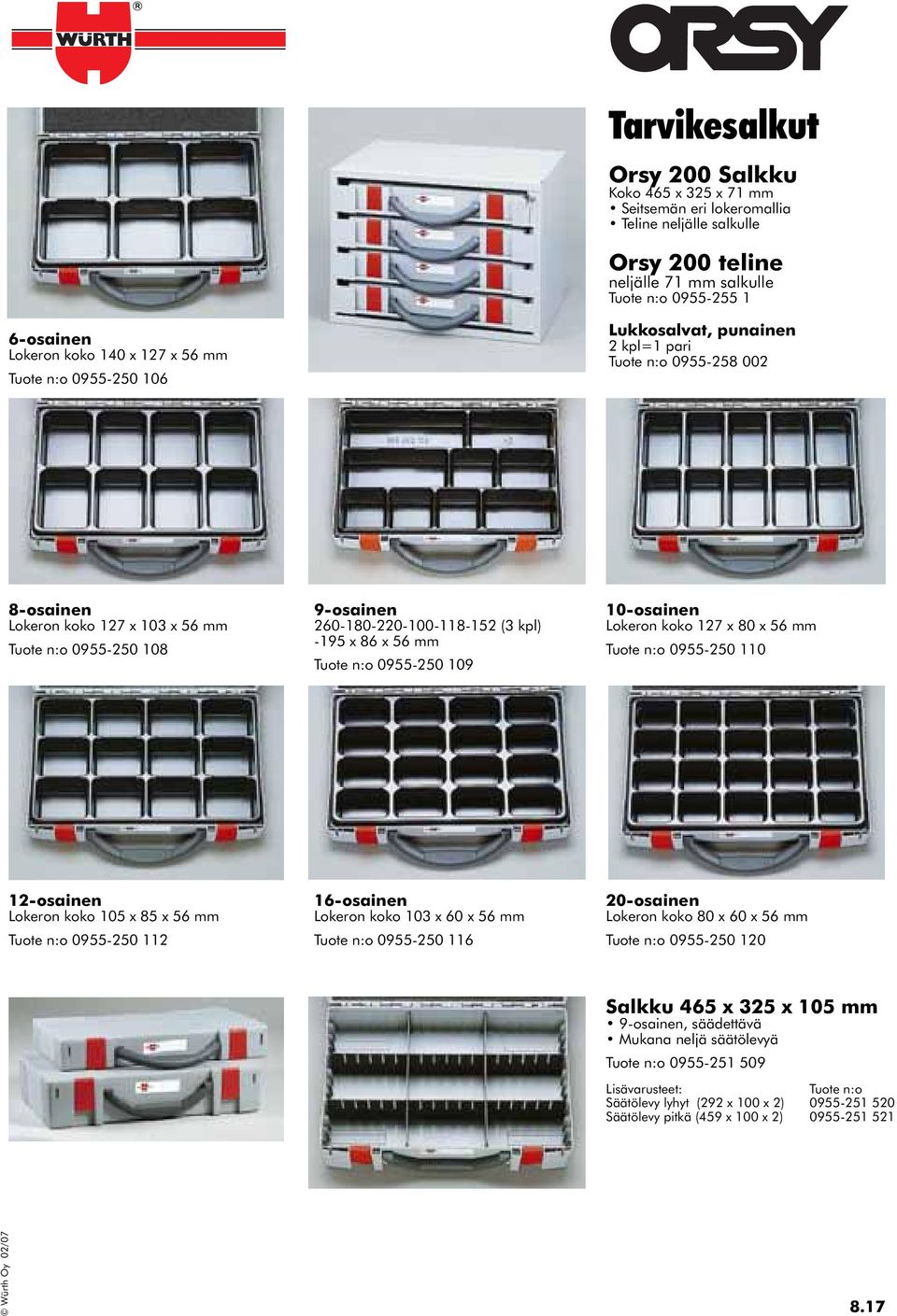 x 86 x 56 mm Tuote n:o 0955-250 109 10-osainen Lokeron koko 127 x 80 x 56 mm Tuote n:o 0955-250 110 12-osainen Lokeron koko 105 x 85 x 56 mm Tuote n:o 0955-250 112 16-osainen Lokeron koko 103 x 60 x