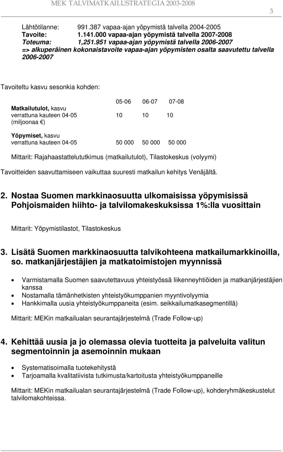 Matkailutulot, kasvu verrattuna kauteen 04-05 10 10 10 (miljoonaa ) Yöpymiset, kasvu verrattuna kauteen 04-05 50 000 50 000 50 000 Mittarit: Rajahaastattelututkimus (matkailutulot), Tilastokeskus