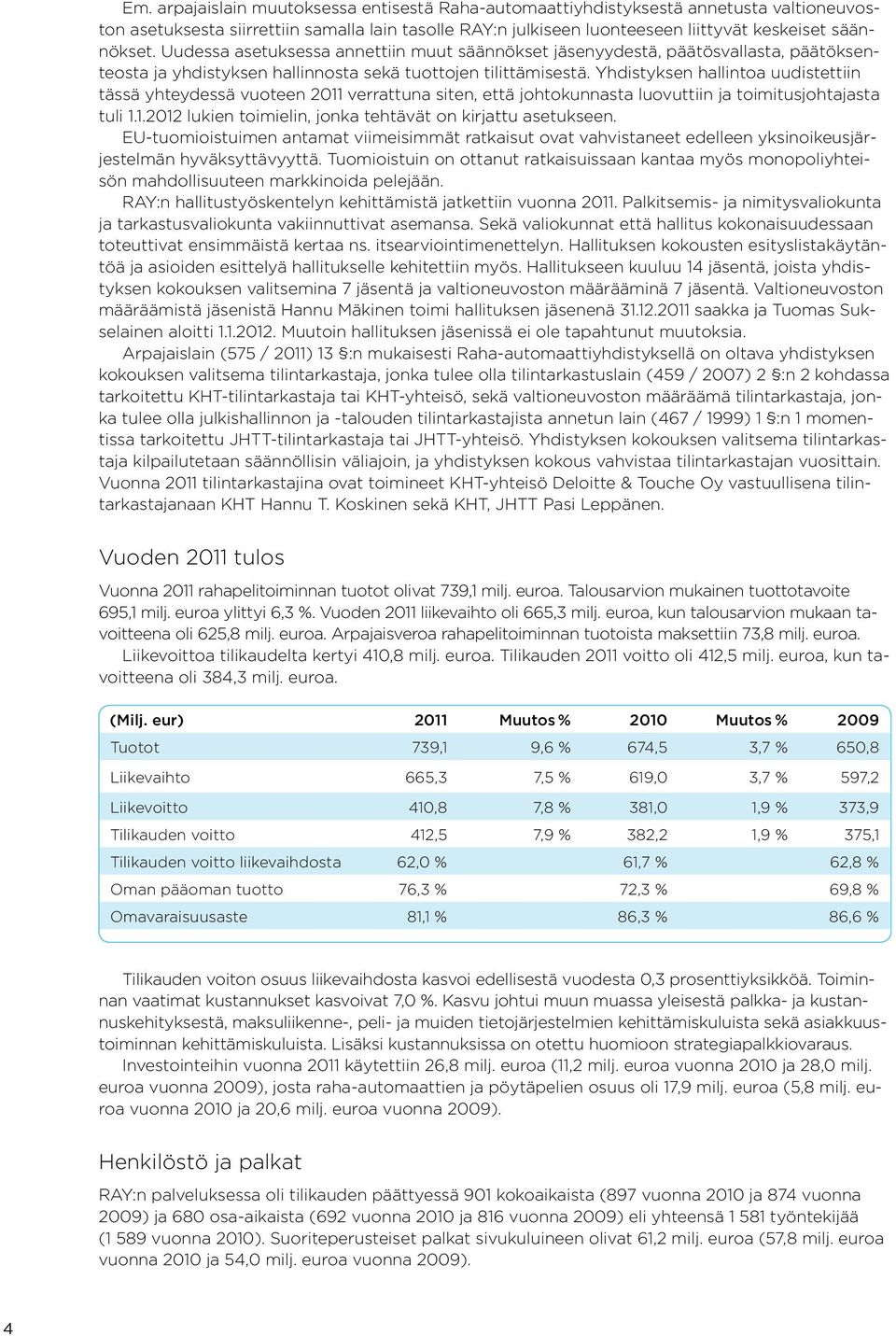 Yhdistyksen hallintoa uudistettiin tässä yhteydessä vuoteen 2011 verrattuna siten, että johtokunnasta luovuttiin ja toimitusjohtajasta tuli 1.1.2012 lukien toimielin, jonka tehtävät on kirjattu asetukseen.