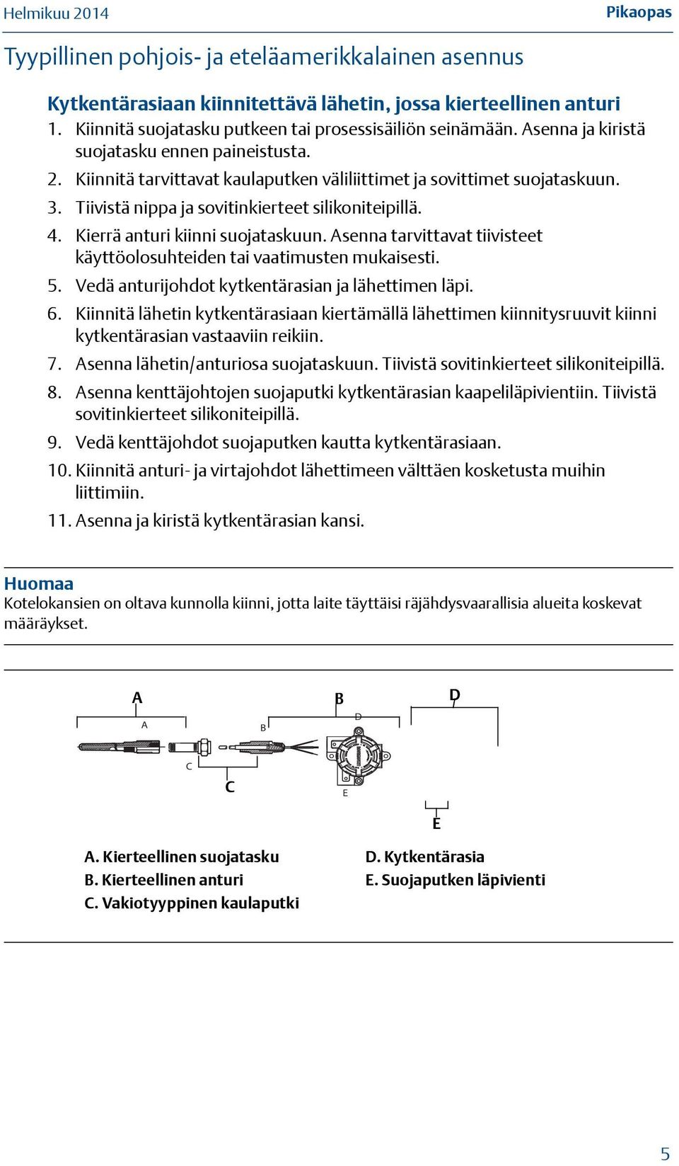 Kierrä anturi kiinni suojataskuun. Asenna tarvittavat tiivisteet käyttöolosuhteiden tai vaatimusten mukaisesti. 5. Vedä anturijohdot kytkentärasian ja lähettimen läpi. 6.