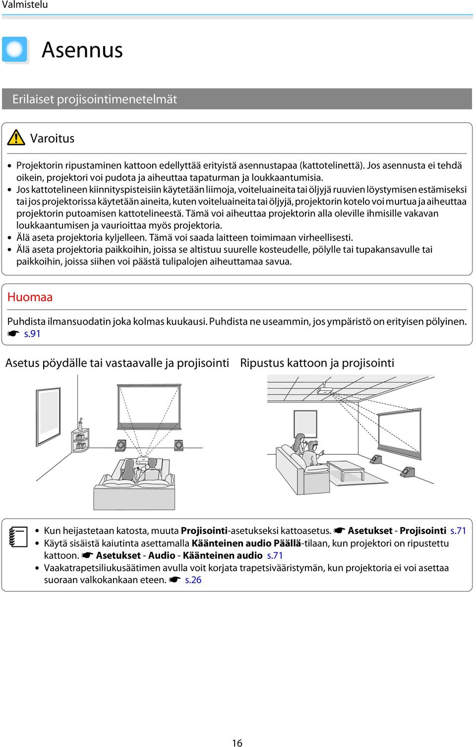 Jos kattotelineen kiinnityspisteisiin käytetään liimoja, voiteluaineita tai öljyjä ruuvien löystymisen estämiseksi tai jos projektorissa käytetään aineita, kuten voiteluaineita tai öljyjä,