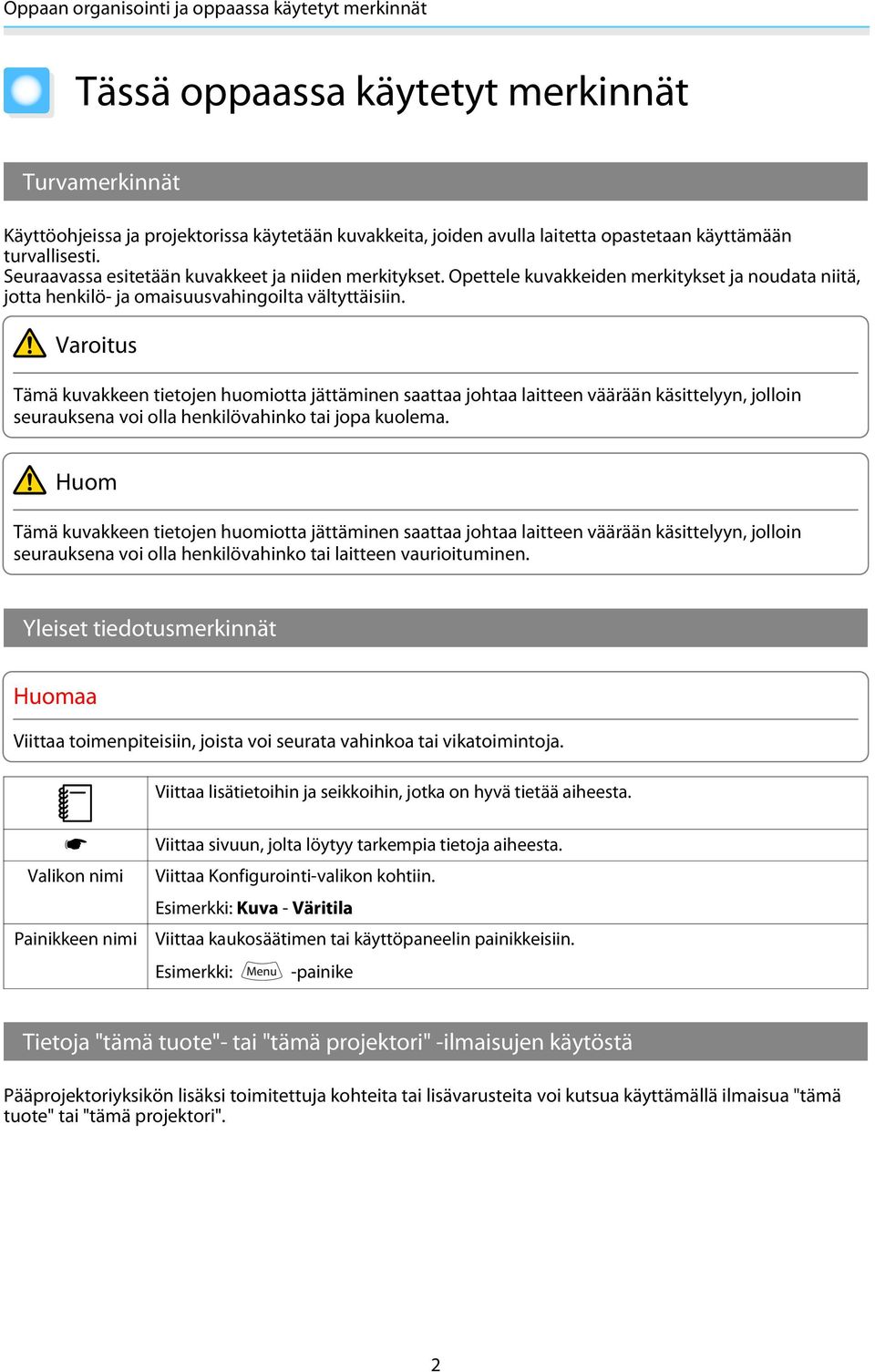 Varoitus Tämä kuvakkeen tietojen huomiotta jättäminen saattaa johtaa laitteen väärään käsittelyyn, jolloin seurauksena voi olla henkilövahinko tai jopa kuolema.