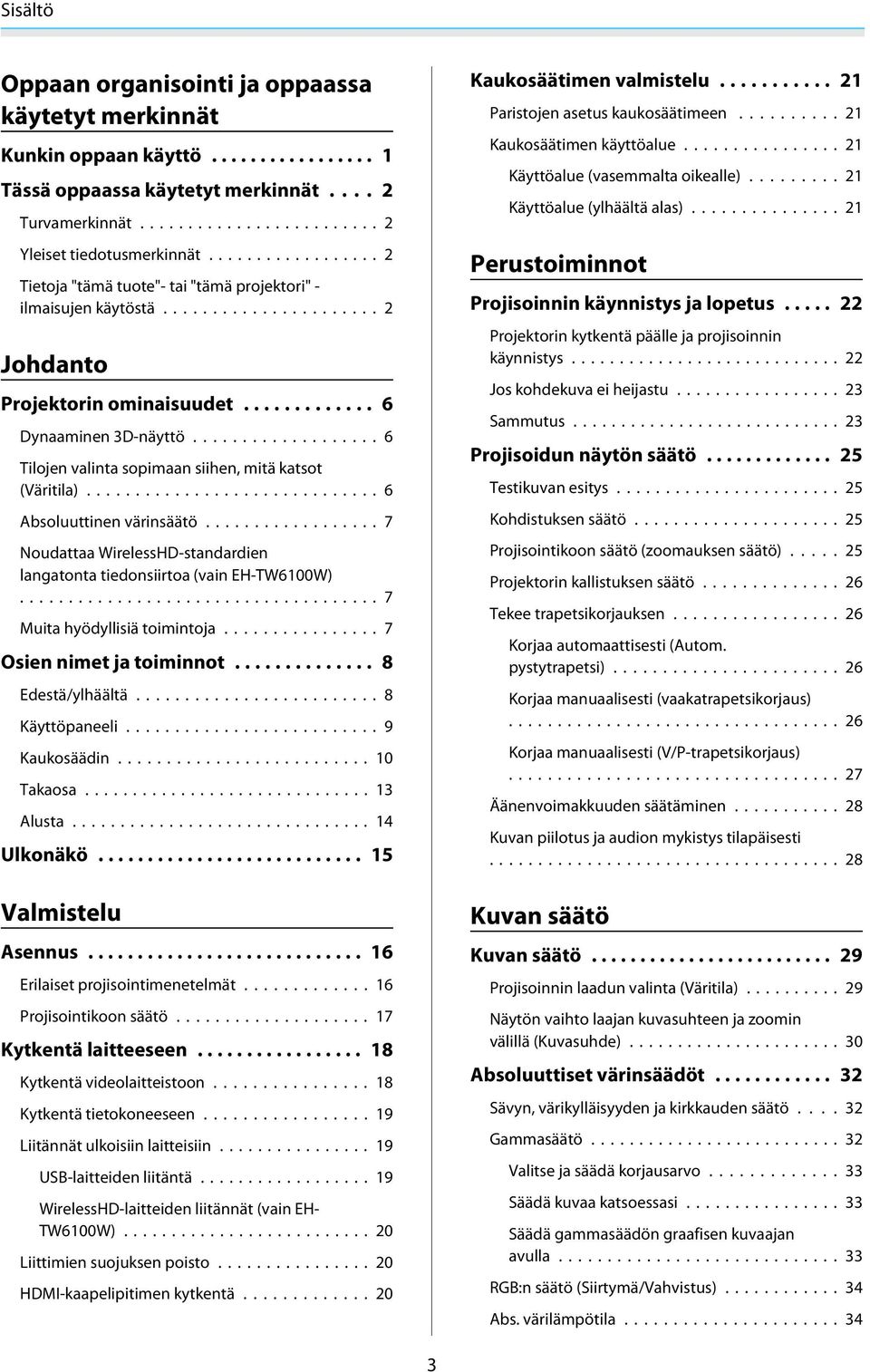 .. 6 Absoluuttinen värinsäätö... 7 Noudattaa WirelessHD-standardien langatonta tiedonsiirtoa (vain EH-TW6100W)... 7 Muita hyödyllisiä toimintoja... 7 Osien nimet ja toiminnot... 8 Edestä/ylhäältä.