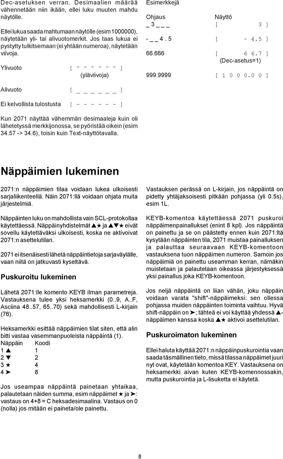 7 ] (Dec-asetus=) 999.9999 [ 0 0 0.0 0 ] Alivuoto [ ] Ei kelvollista tulostusta [ - - - - - - ] Kun 207 näyttää vähemmän desimaaleja kuin oli lähetetyssä merkkijonossa, se pyöristää oikein (esim 34.