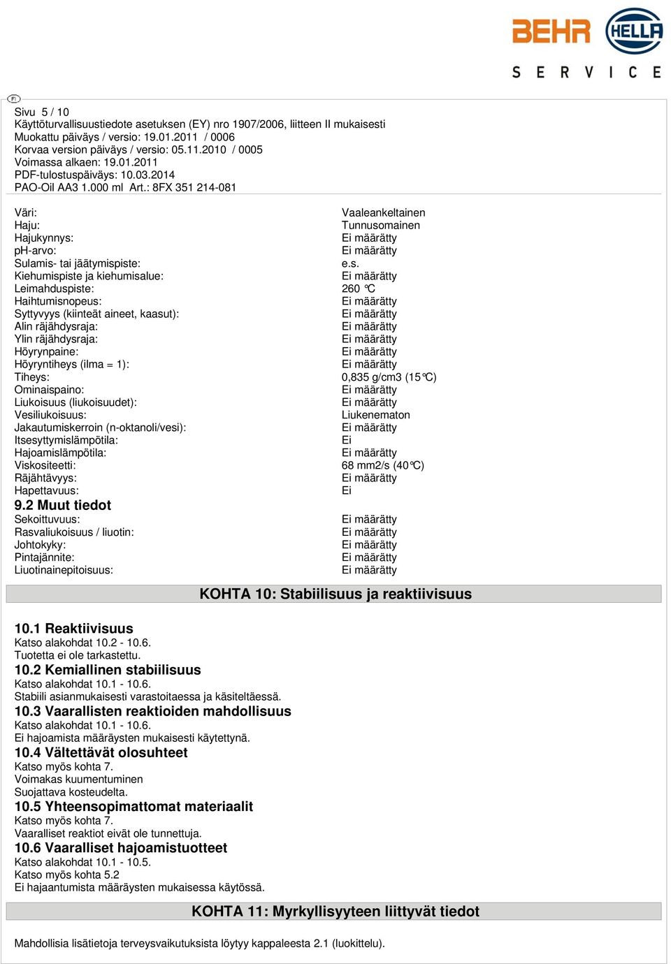 Jakautumiskerroin (n-oktanoli/vesi): Itsesyttymislämpötila: Ei Hajoamislämpötila: Viskositeetti: 68 mm2/s (40 C) Räjähtävyys: Hapettavuus: Ei 9.