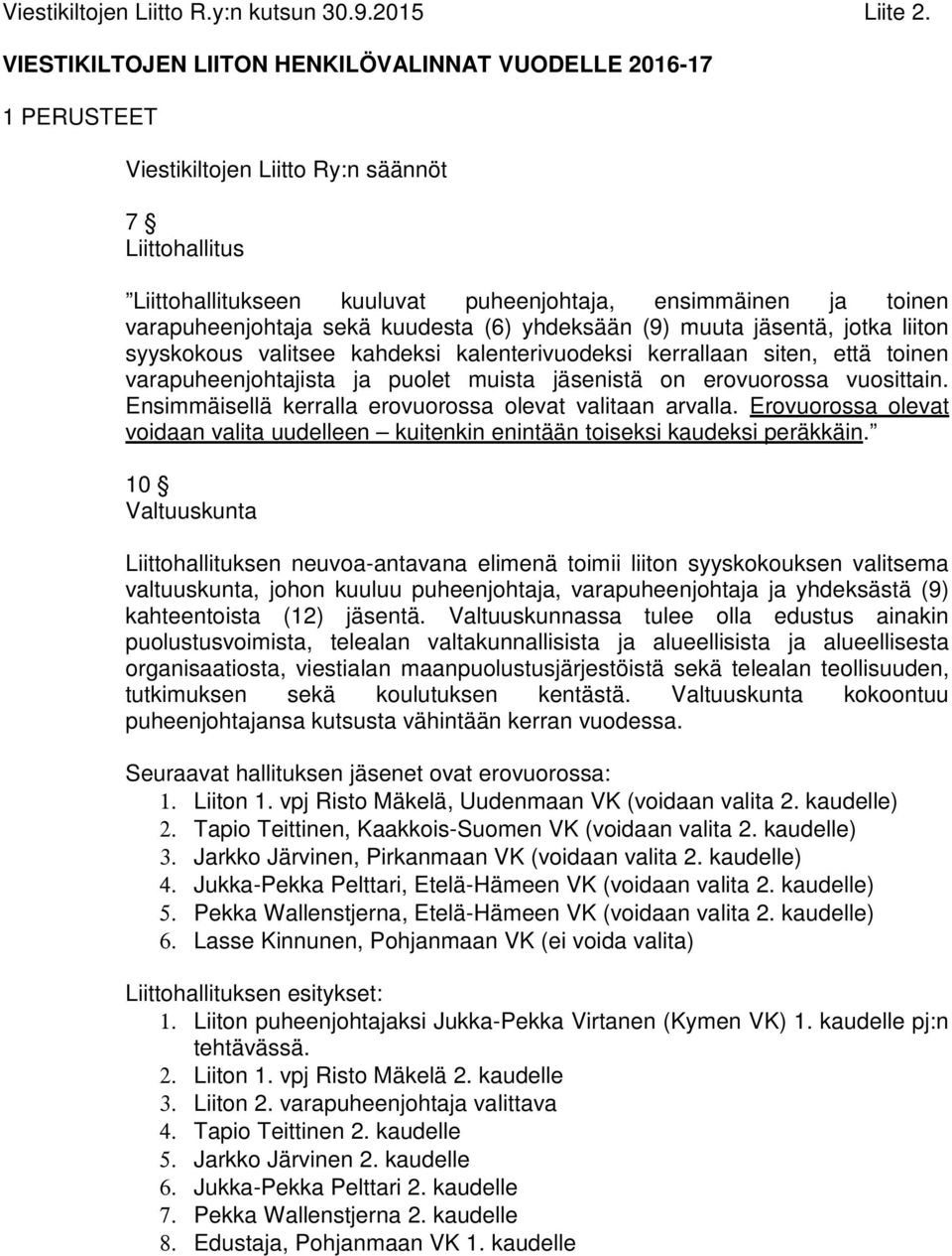 varapuheenjohtaja sekä kuudesta (6) yhdeksään (9) muuta jäsentä, jotka liiton syyskokous valitsee kahdeksi kalenterivuodeksi kerrallaan siten, että toinen varapuheenjohtajista ja puolet muista