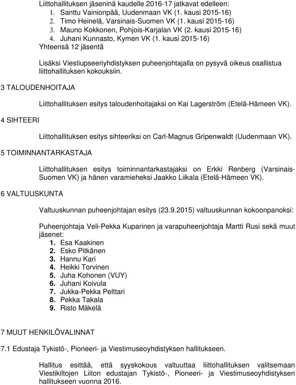 kausi 2015-16) Yhteensä 12 jäsentä Lisäksi Viestiupseeriyhdistyksen puheenjohtajalla on pysyvä oikeus osallistua liittohallituksen kokouksiin.