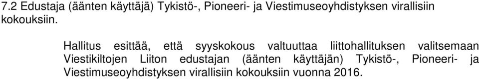 Hallitus esittää, että syyskokous valtuuttaa liittohallituksen valitsemaan