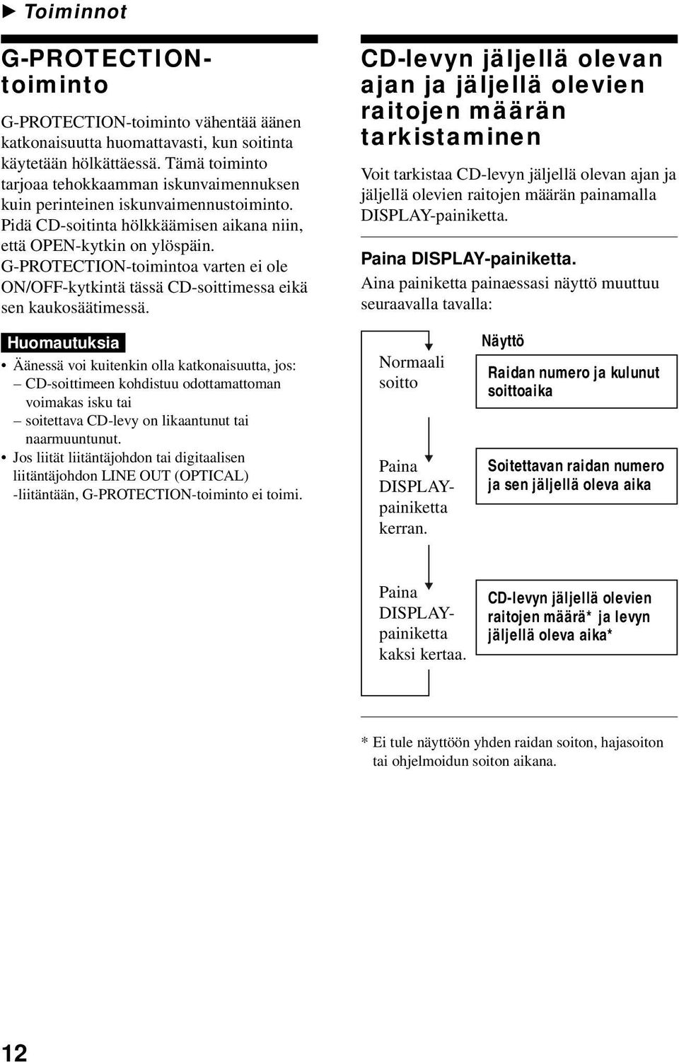 G-PROTECTION-toimintoa varten ei ole ON/OFF-kytkintä tässä CD-soittimessa eikä sen kaukosäätimessä.