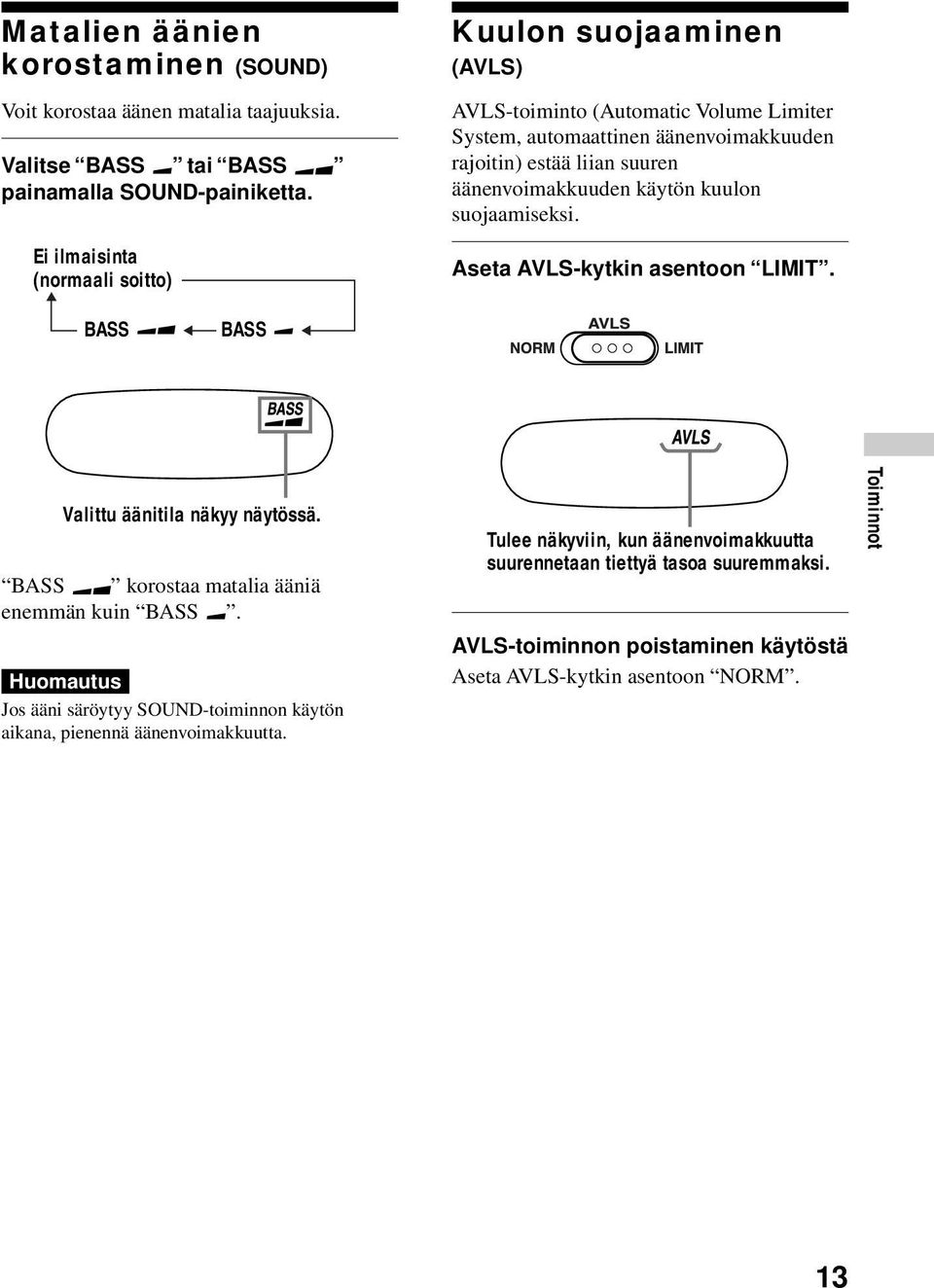 äänenvoimakkuuden käytön kuulon suojaamiseksi. Aseta AVLS-kytkin asentoon LIMIT. BASS BASS Valittu äänitila näkyy näytössä. BASS korostaa matalia ääniä enemmän kuin BASS.